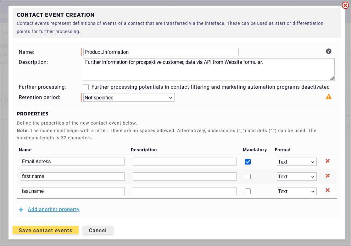 Maileon: Contact event creation, setup.