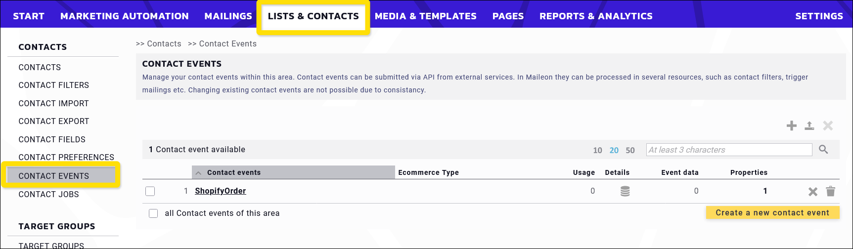 Maileon: Contact events overview.