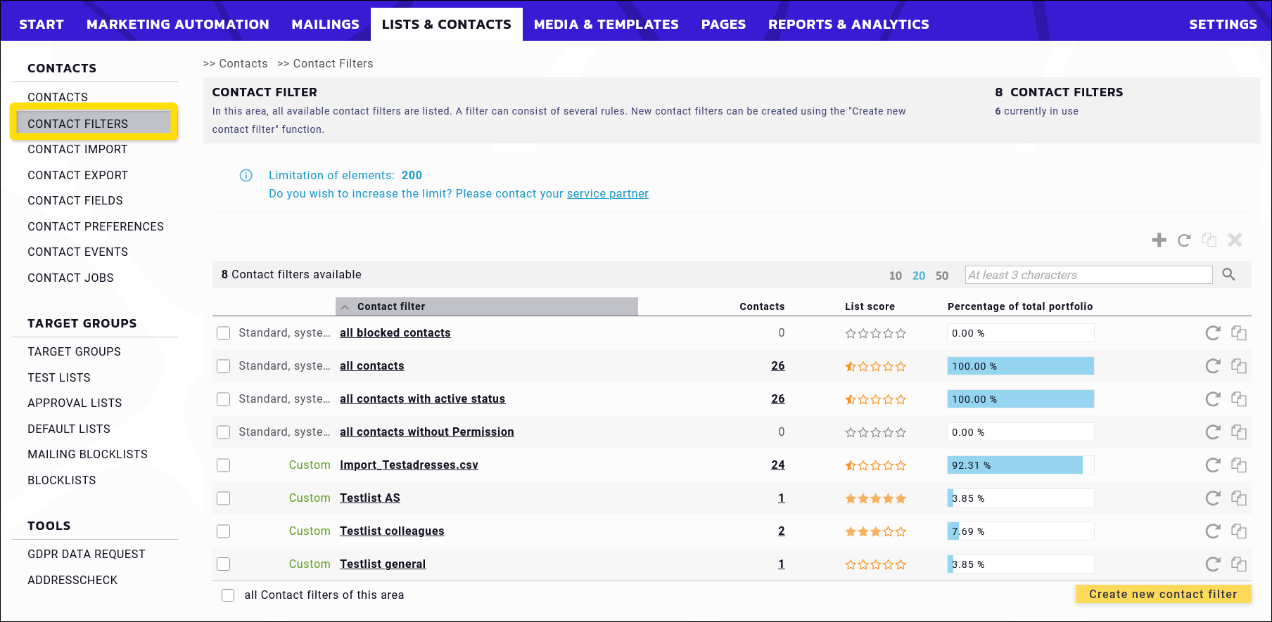 Maileon: contact filters overview with list of available filters.