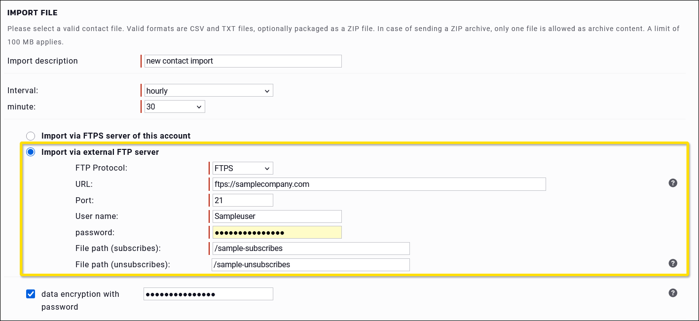 Maileon: Automatic contact import creation, import via external FTPS server.