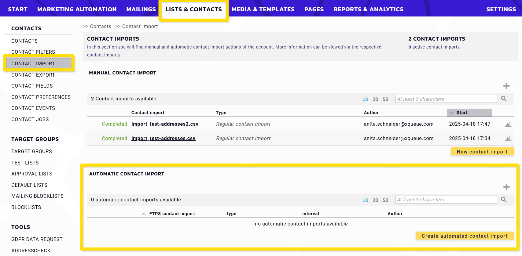 Maileon: Automatic contact import via FTPS overview.