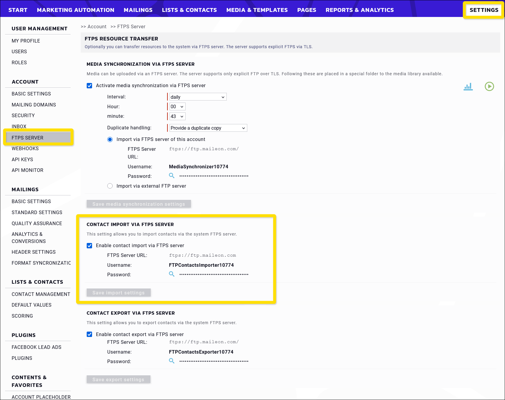 Maileon: FTP resource transfer overview.