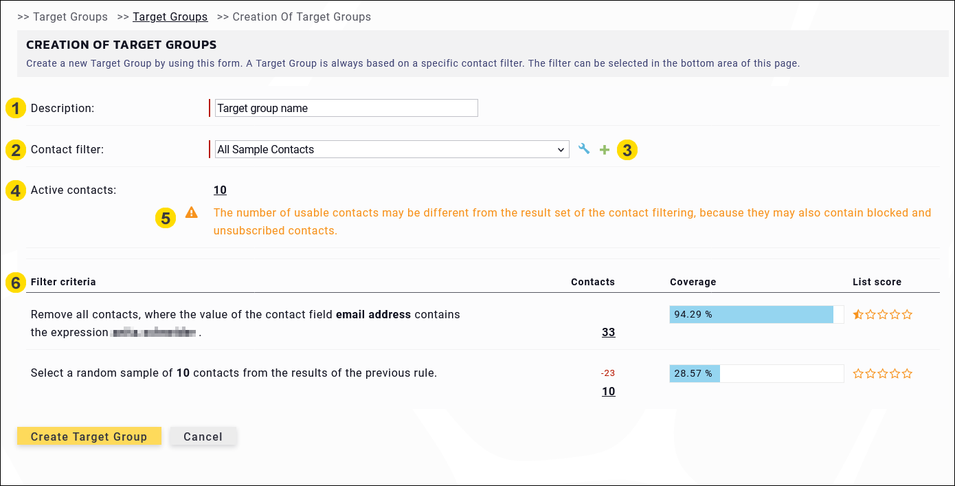 Maileon: Target group creation mask.