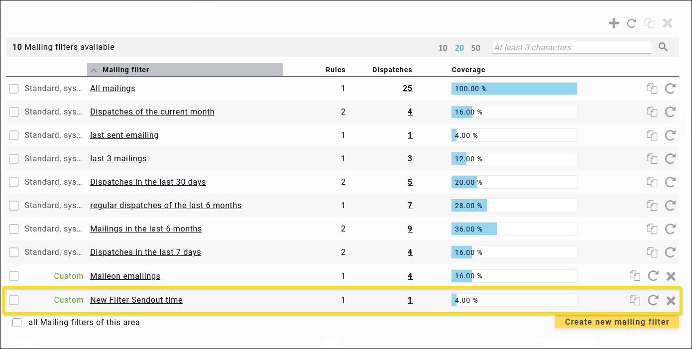 Maileon: Mailing filter overview with new customised filter.
