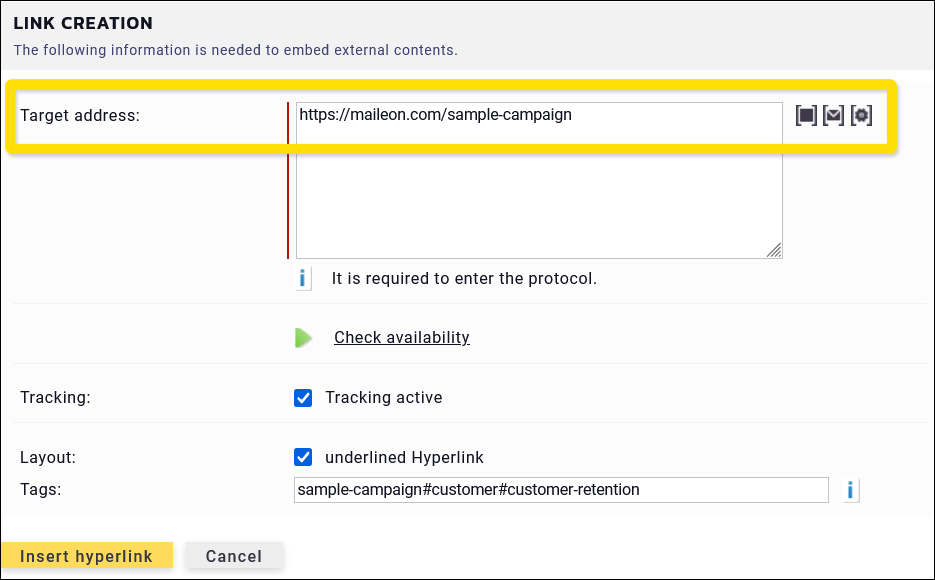 Maileon: classic editor, hyperlink settings in article.