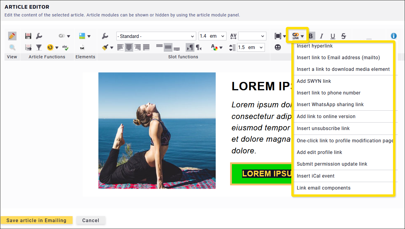 Maileon: classic editor, hyperlink menu in article.