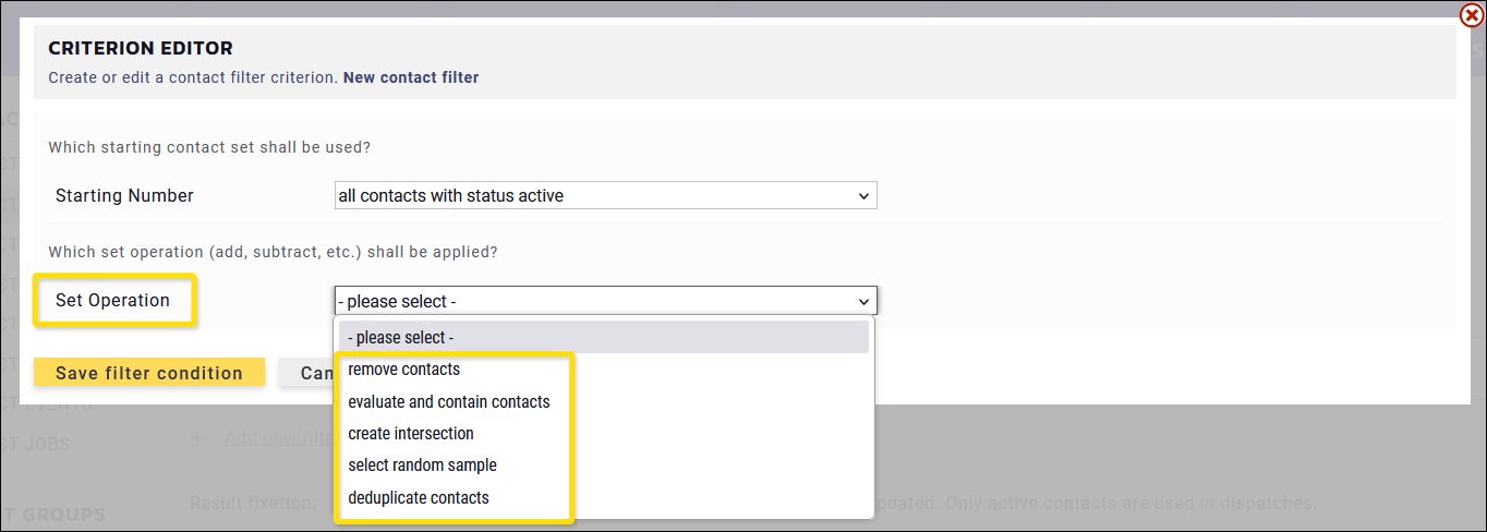 Maileon: Contact filter creation, set operation menu.
