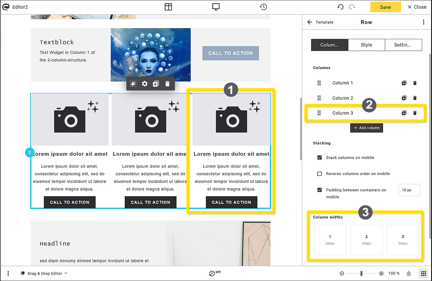 Maileon: Editor 2, 3-column-block settings.