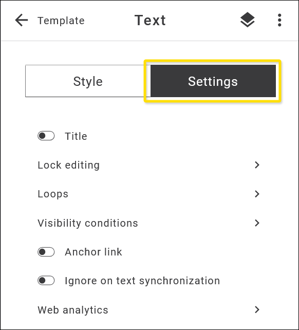 Maileon: Editor2, app panel, settings of a text block.
