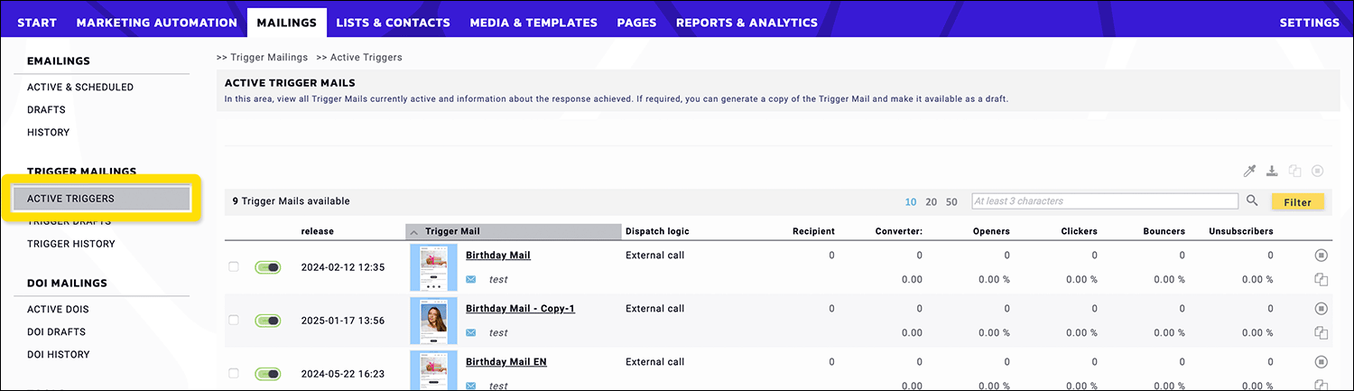 Maileon: Trigger FAQ, new trigger version in Active Triggers overview.