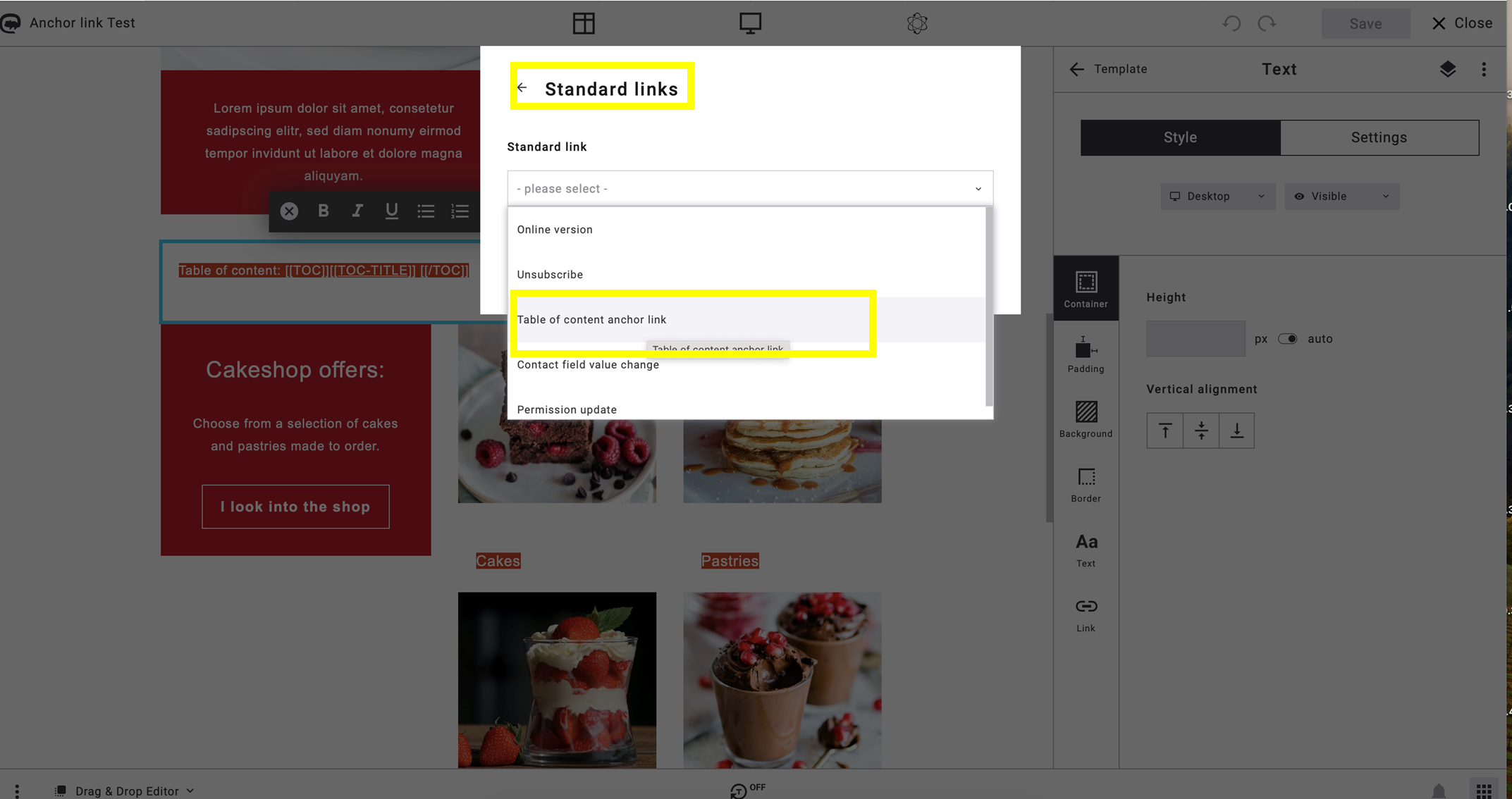 in the standard links dropdown menu the option ‘Table of content anchor link’ is selected