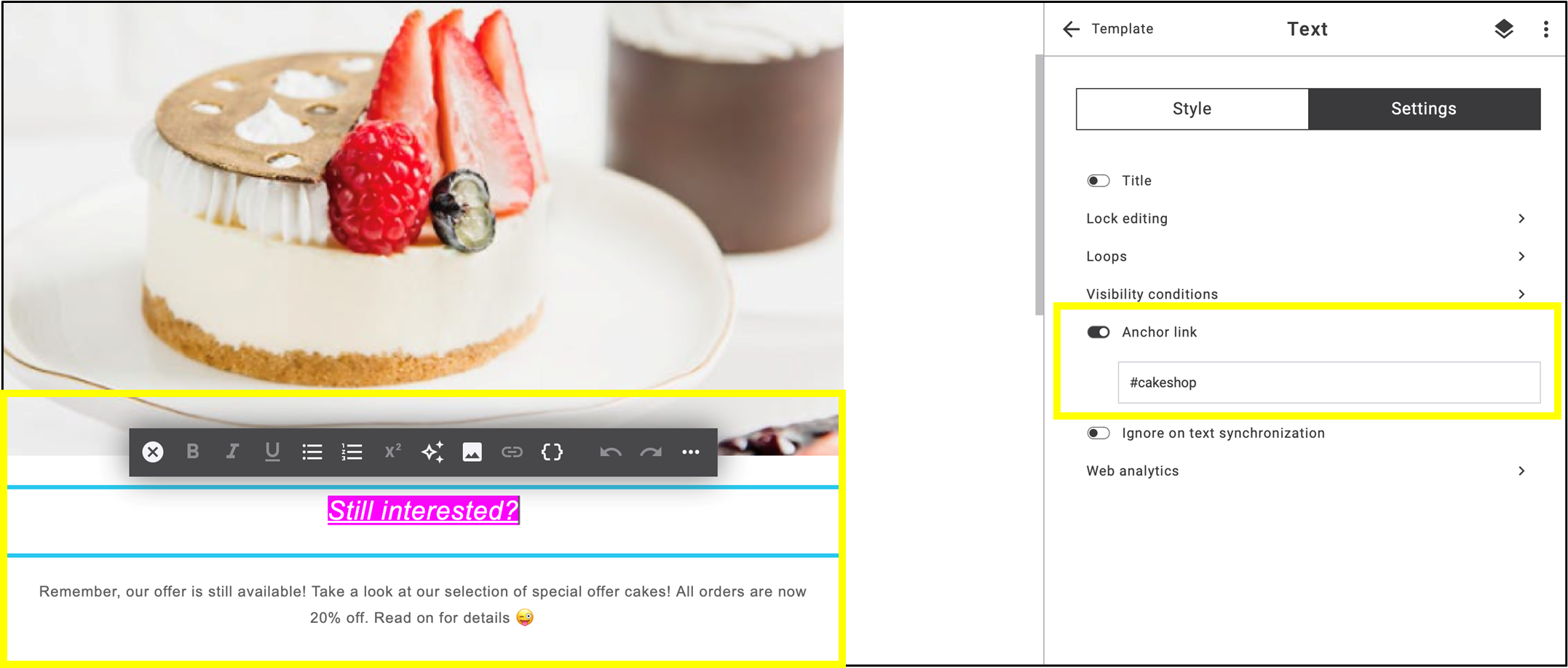 Maileons Editor 2.0 while someone is highlighting text
