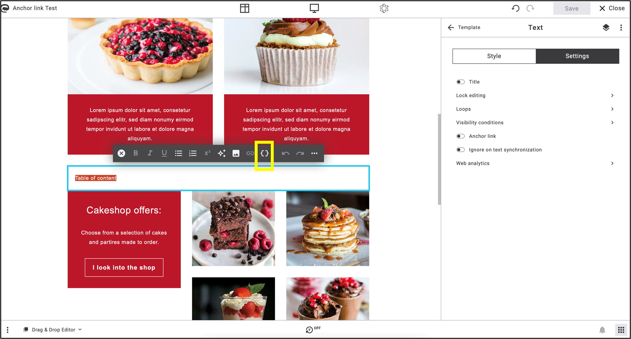 A picture of someone creating a textblock in Maileon, the insert placeholder icon is highlighted
