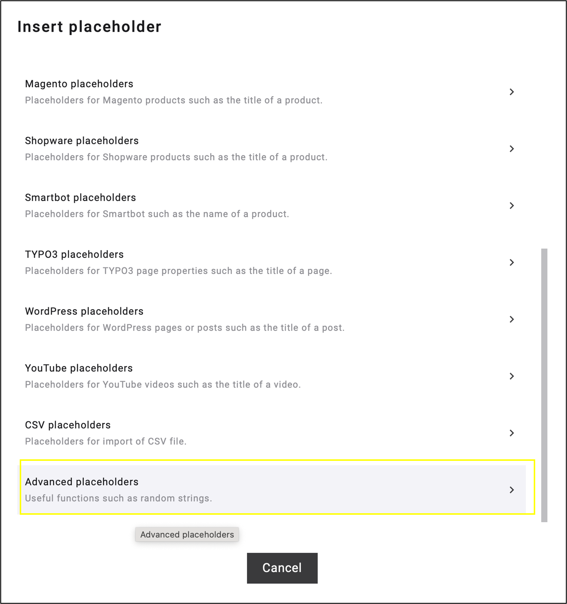 The ‘Insert placeholder’ Dropdown menu scrolled all the way to the bottom, the last point named Advanced placeholder is selected