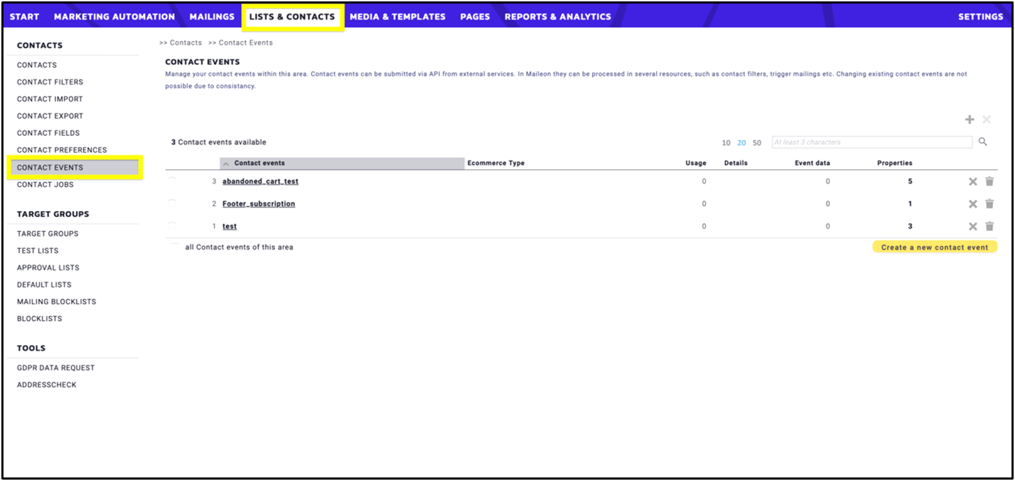 Fig. 1: First step: Choose a contact event.