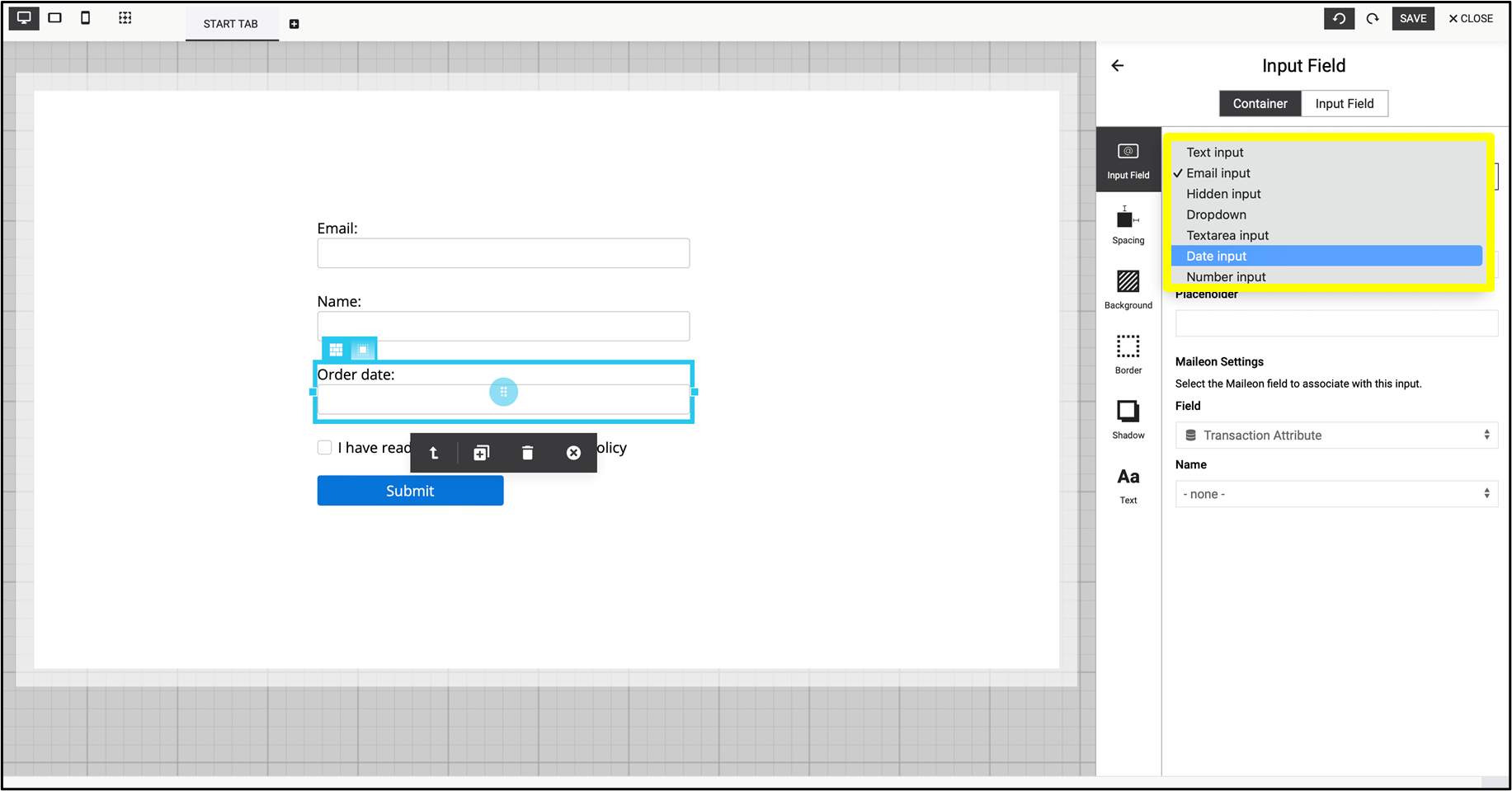 Fig. 17: Set the type of the ’Order date ’element.