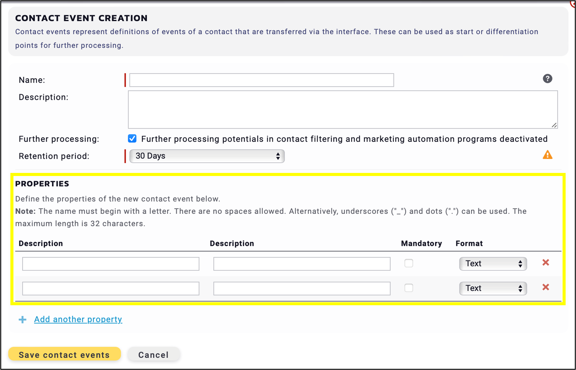 Fig. 2: Define the contact event properties.