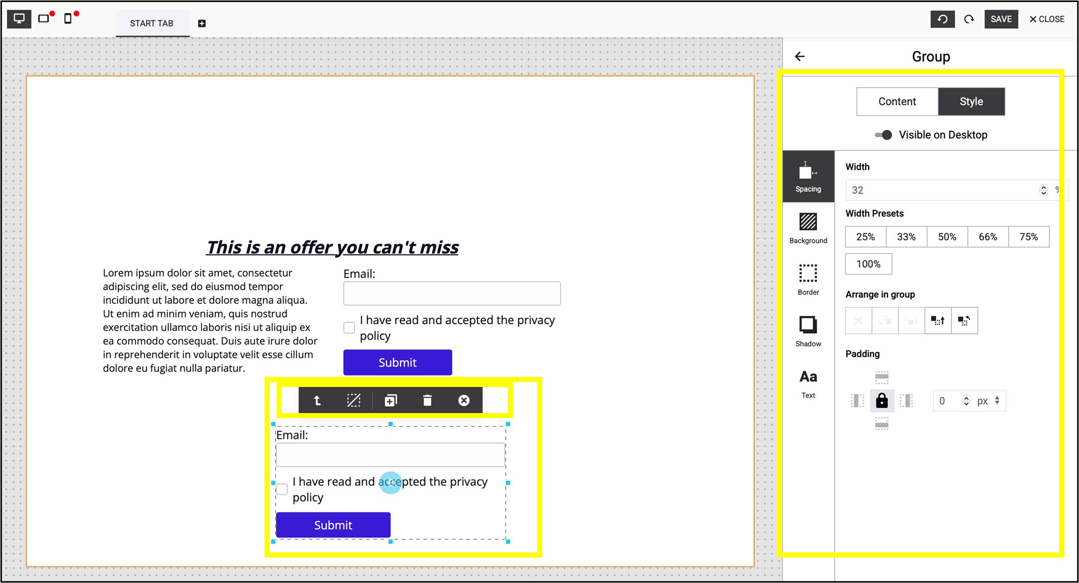 Fig. 20: Settings of the direct panel and the Style menu.