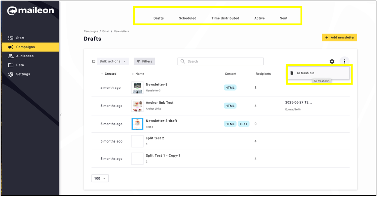 Fig. 6: The layout has been moved to the top of the page. Deleted emails are now stored in the trash bin for 14 days.