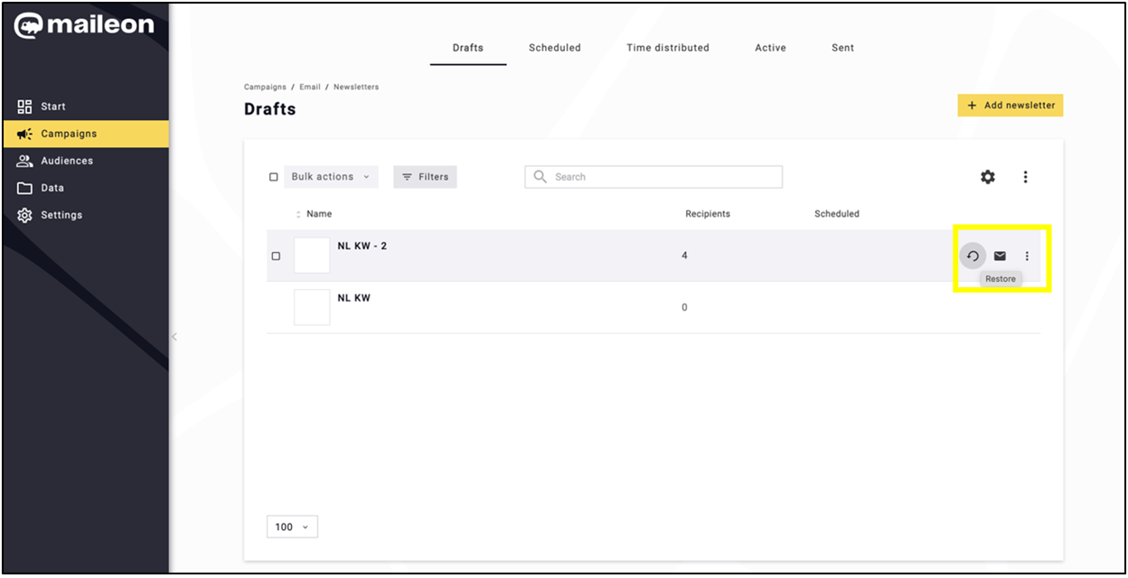 Fig. 7: Restore an email by opening the trash bin and clicking the restore icon.