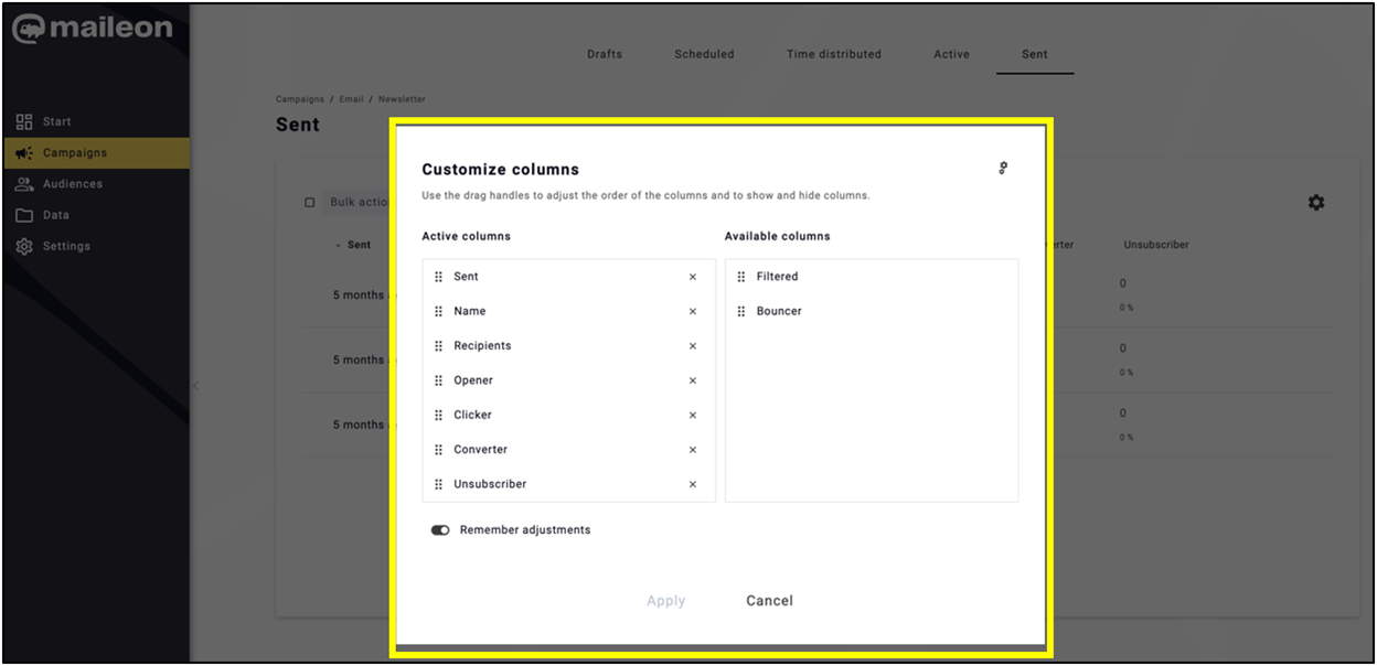 Fig. 10: Customise column order and visibility using drag handles.
