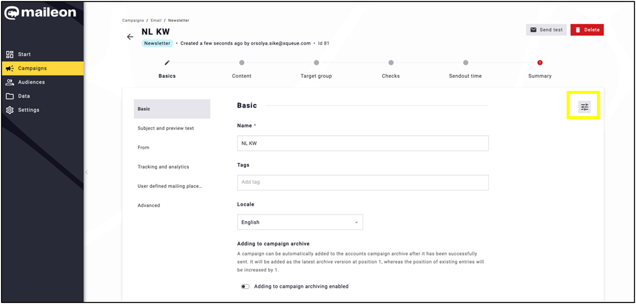 Fig. 11: Create the newsletter using standard steps and adjust settings as needed.