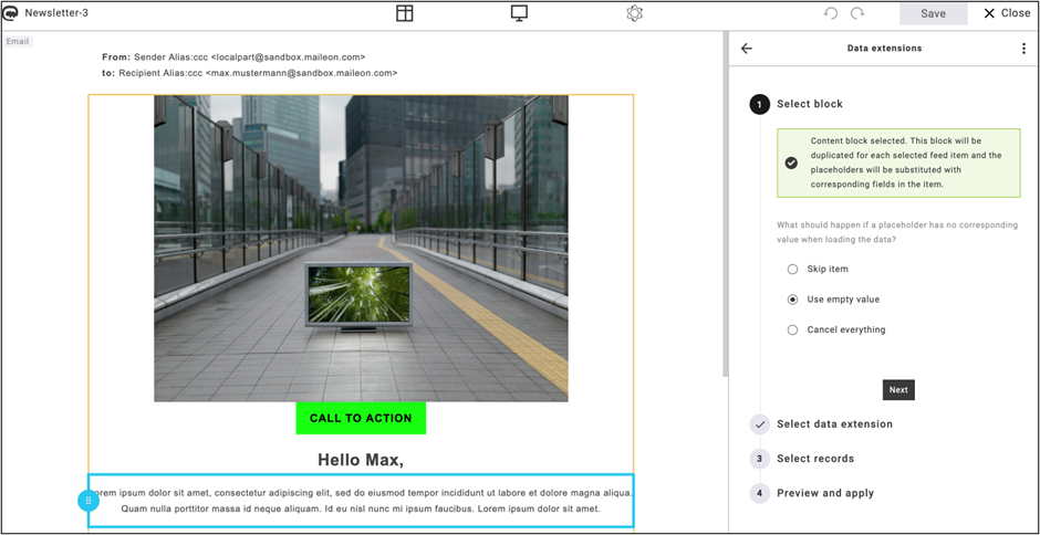 Fig. 17: Duplicate content blocks with dynamic placeholder replacement.