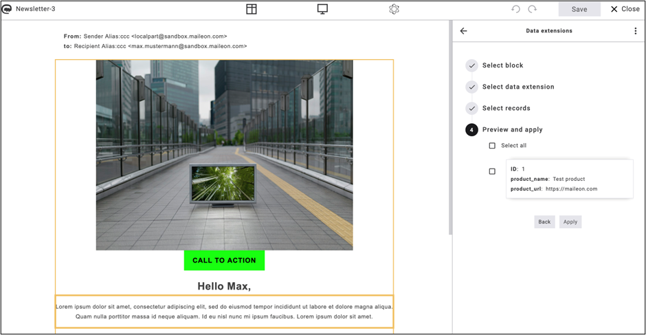 Fig. 20: Select the products and click ‘Apply’ to add them to your newsletter.