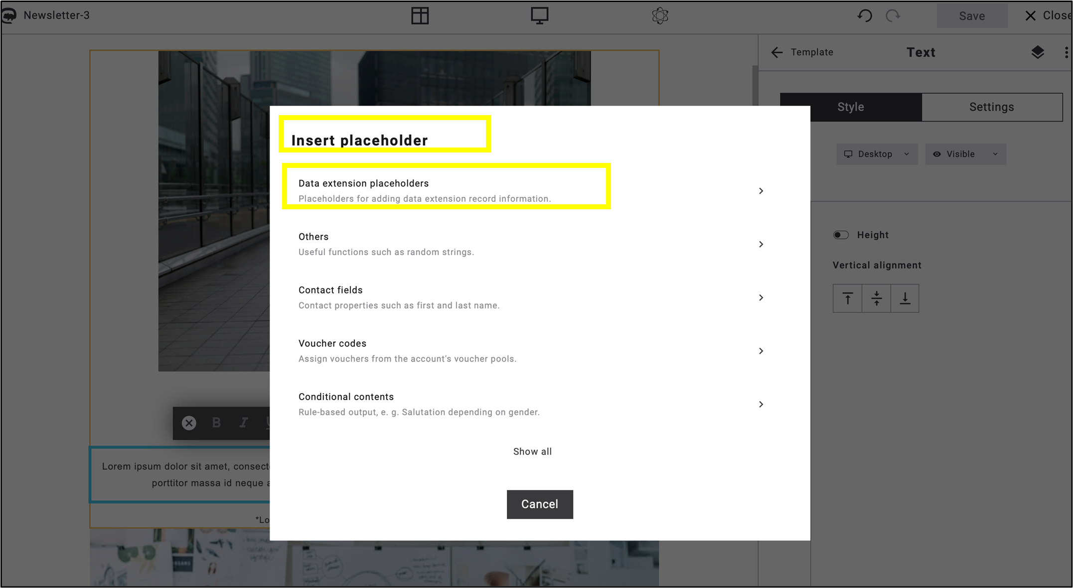 Fig. 21: Select ’Data extension placeholders’ after clicking the { } icon.