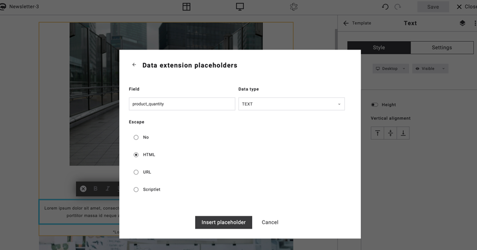 Fig. 22: Example of inserting data extension placeholders.