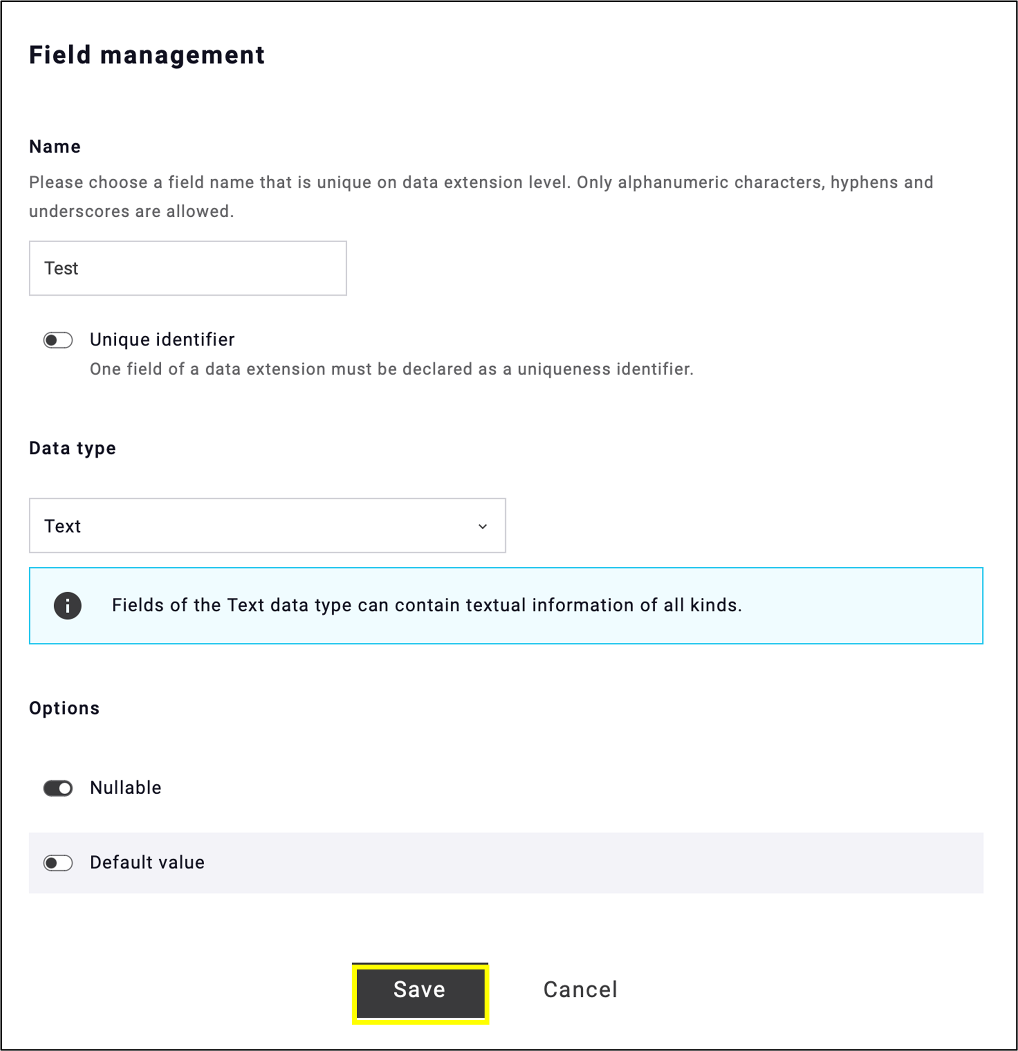 Fig. 5: Complete ‘Field management’ and click ‘Save’ to finish.