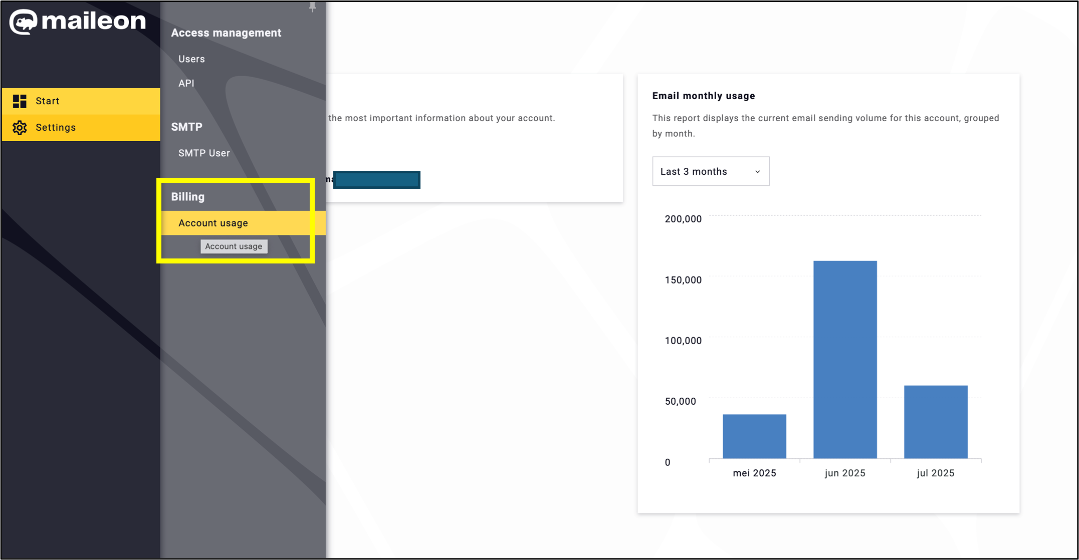 Fig. 9: In Settings -> Billing -> Account usage provides one-click access to monthly send volume reports.