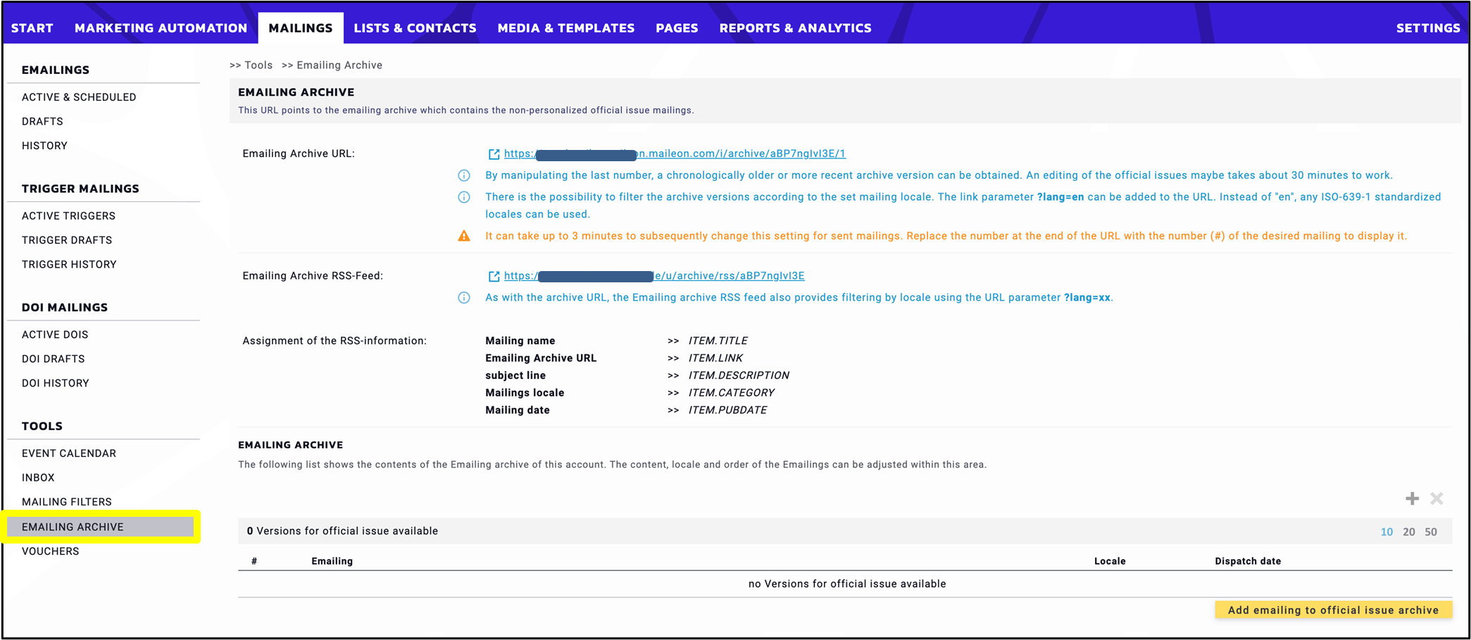 Fig. 1: The ‘Emailing Archive’ in Maileon lists all dispatched emailings.