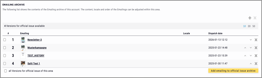 Fig. 2: List of archived emailings, in chronologically descending order.
