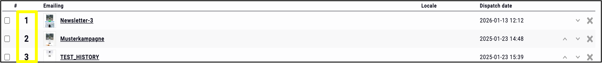 Fig. 4: List of archived emailings with position numbers.