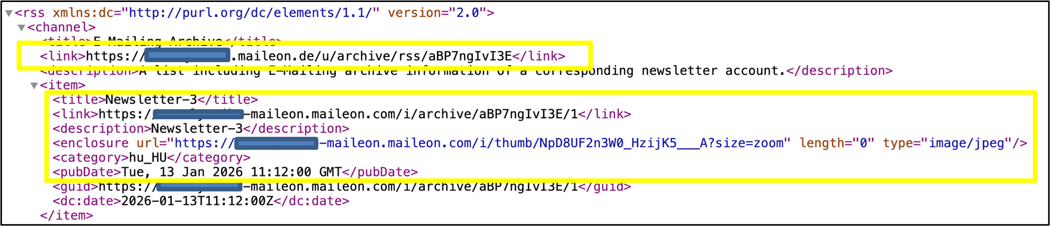 Fig. 6: The XML-Code of your emailing archive includes all listed emailings.