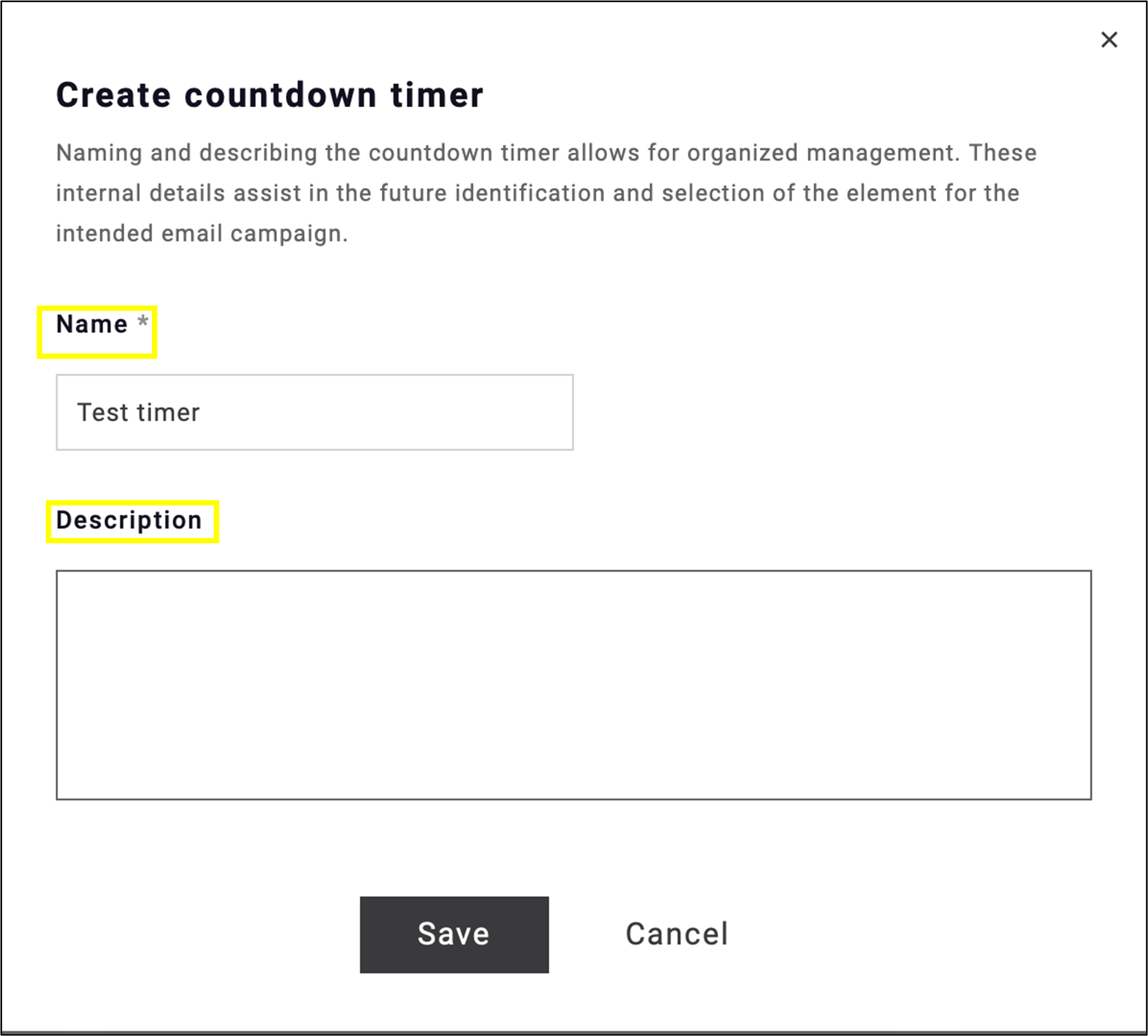 Fig. 4: Name your countdown timer, optionally add a description and click ‘Save’.