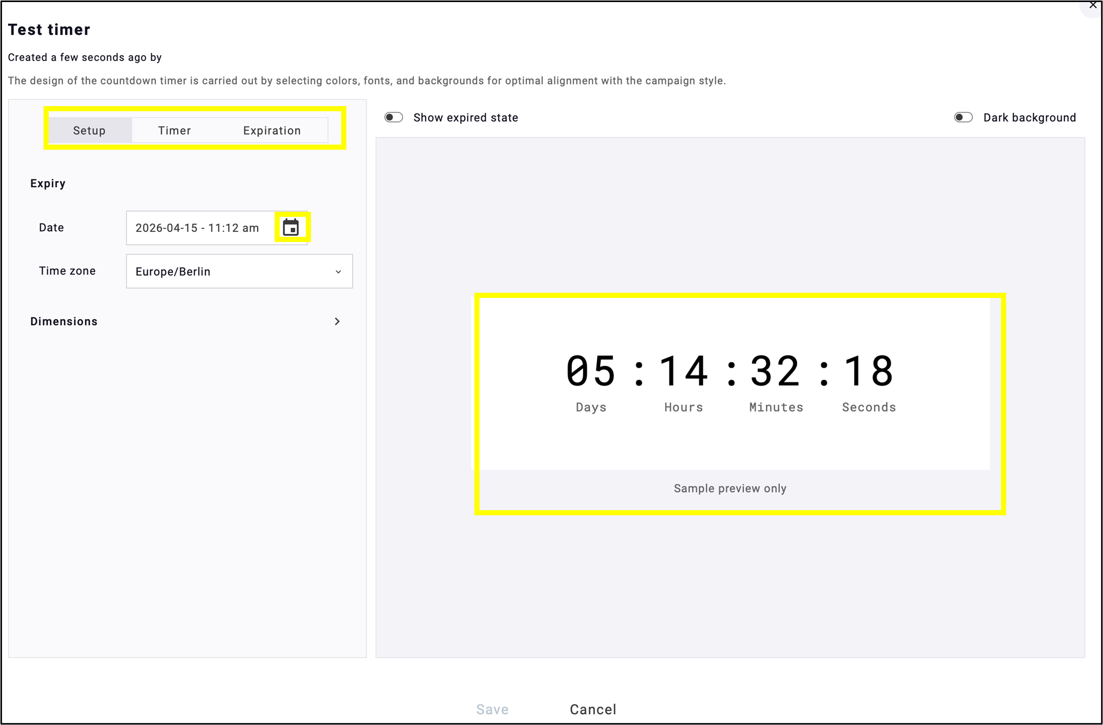 Fig. 5: Configure the countdown settings in the menu on the left; the changes will be displayed on the right.