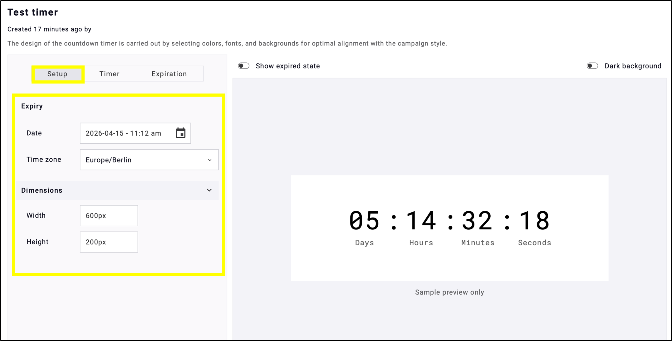 Fig. 8: Set the expiration date and dimensions on the ’Setup’ tab.
