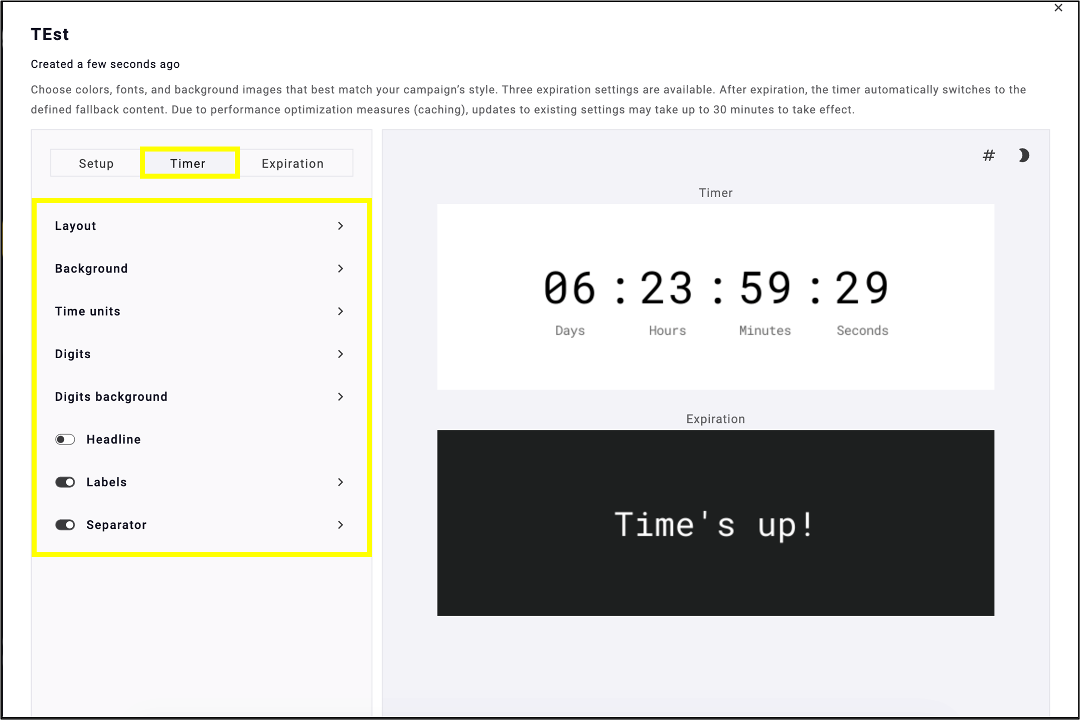 Fig. 9: Configure timer layout settings in the ’Timer’ tab.