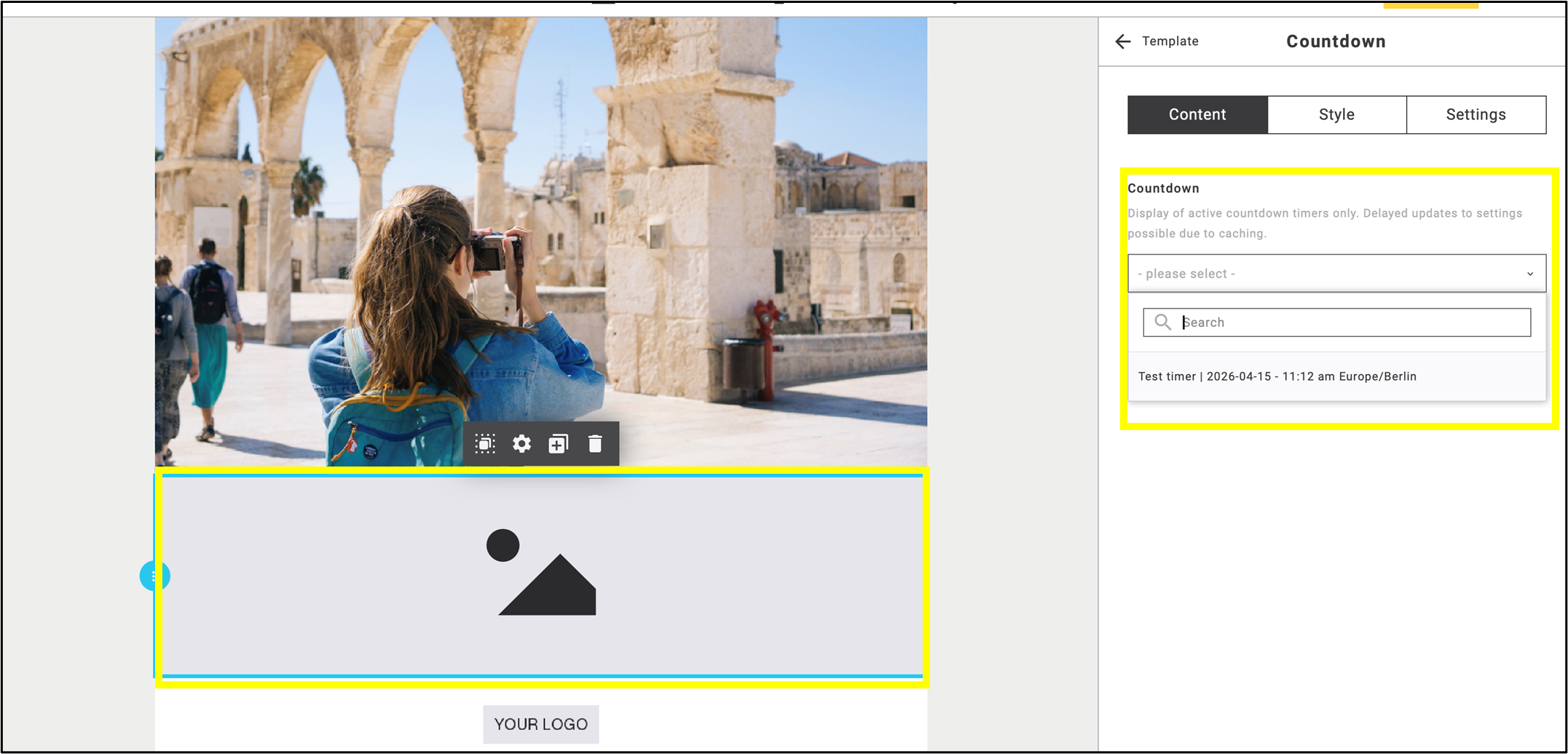 Fig. 12: Add the ‘Countdown’ widget to the emailing and select an active timer.