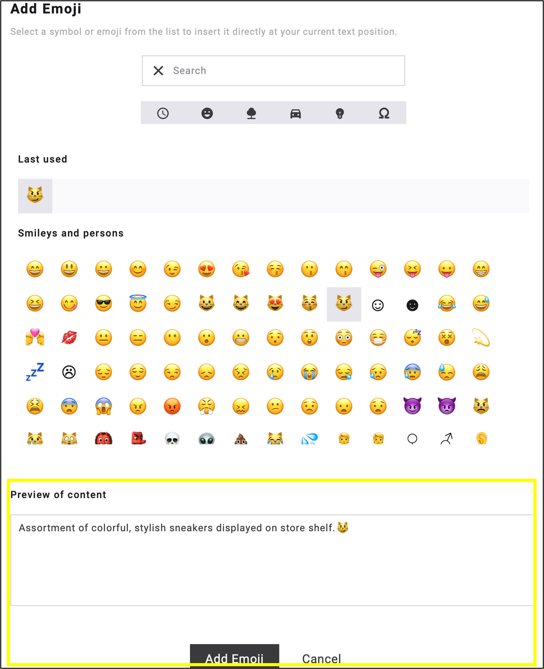 Fig. 17: Select a symbol or emoji to insert it in the current text position.