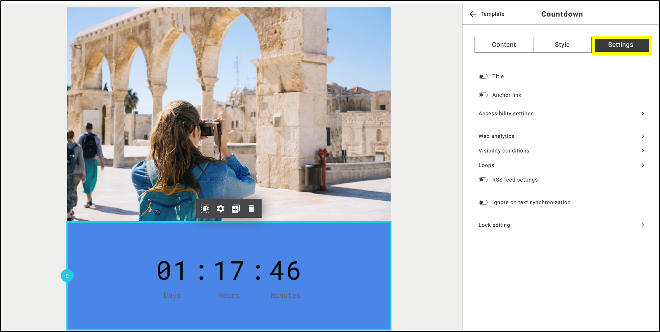 Fig. 19: Configure the countdown timer settings in the email with a few clicks.