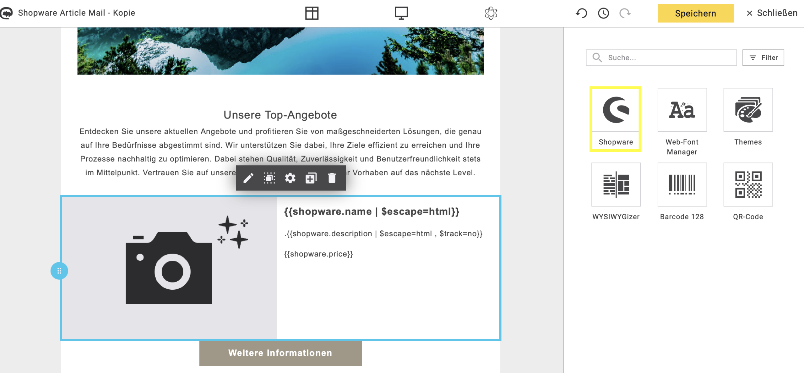Abb. 7: Starten Sie die Verknüpfung der parametrisierten Platzhalter mit dem externen Inhalt durch Klicken auf das Shopware-Symbol.