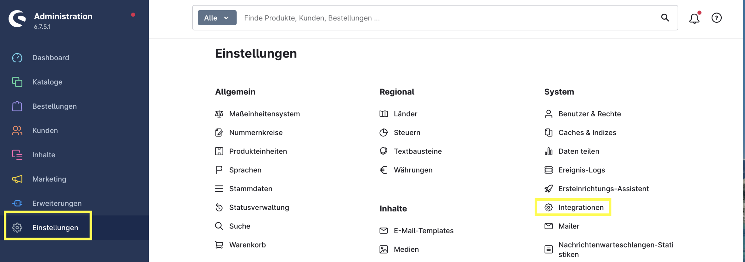 Abb. 12: Die für die Integration erforderlichen Daten sind in der Oberfläche „Einstellungen“ des Panels „Administration“ verfügbar.