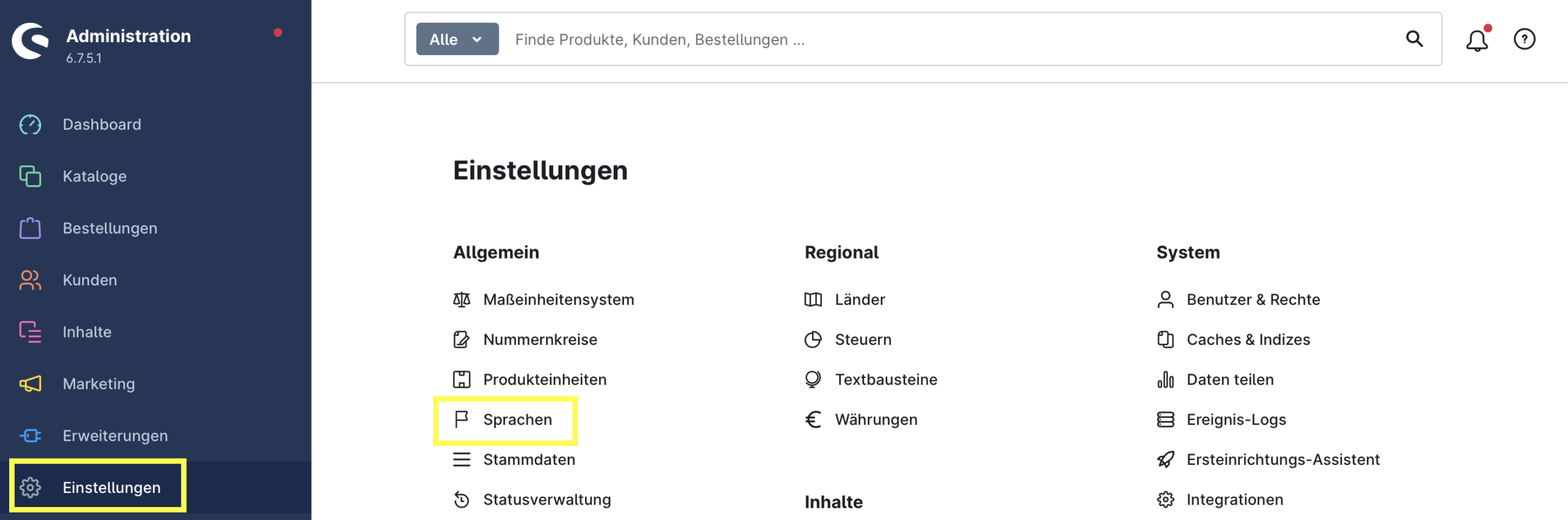 Abb. 16: Legen Sie die „Locale“ im Webshop unter „Einstellungen“ → „Sprachen“ fest.