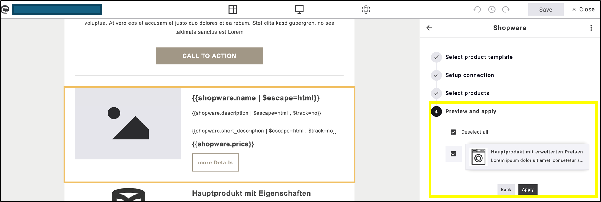 Abb. 24: Wählen Sie im Bereich „Vorschau und Übernehmen“ das/die Produkt(e) aus, die Sie im Mailing anzeigen möchten, und klicken Sie dann auf „Übernehmen“.