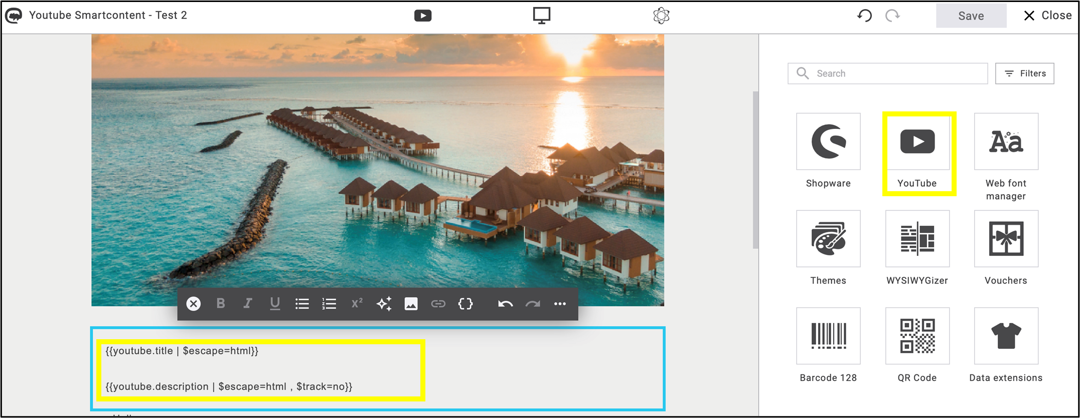 fig. 6: After parameterising the placeholders, click the YouTube icon.