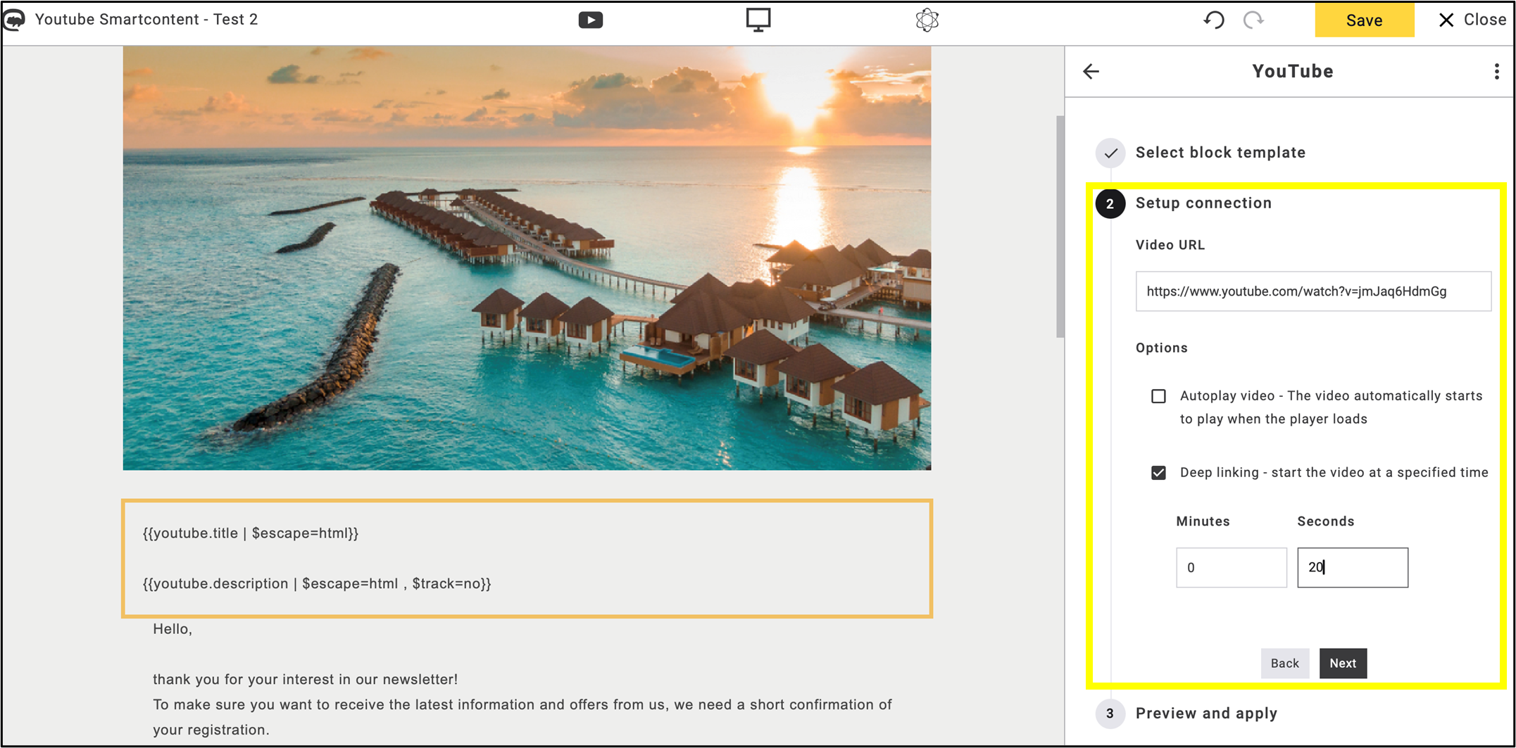 fig. 8: In the second step, link the video and configure the playback settings.