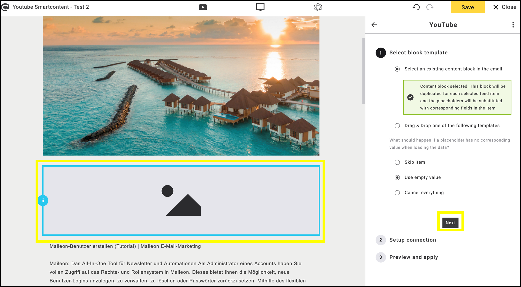 fig. 12: Place the template and click ’Next’.
